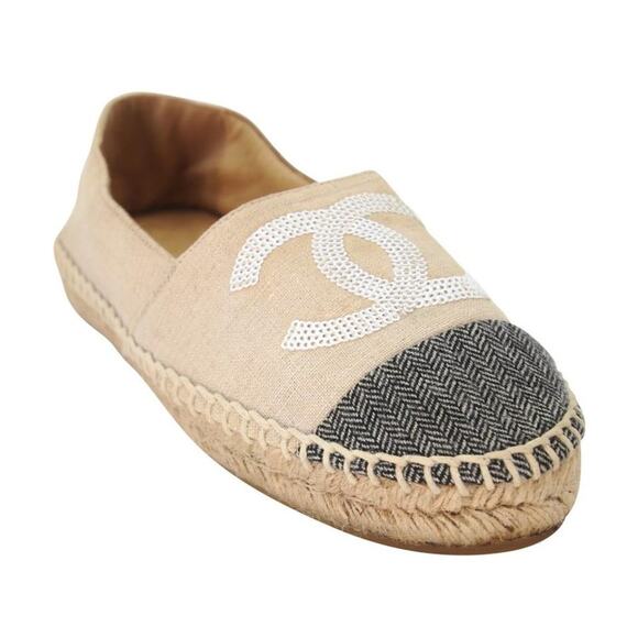 Chanel Espadrille 37 Glitter Fabric Leather Cc Cap Toe Flats CC-S0207P-C026 - Picture 7 of 11
